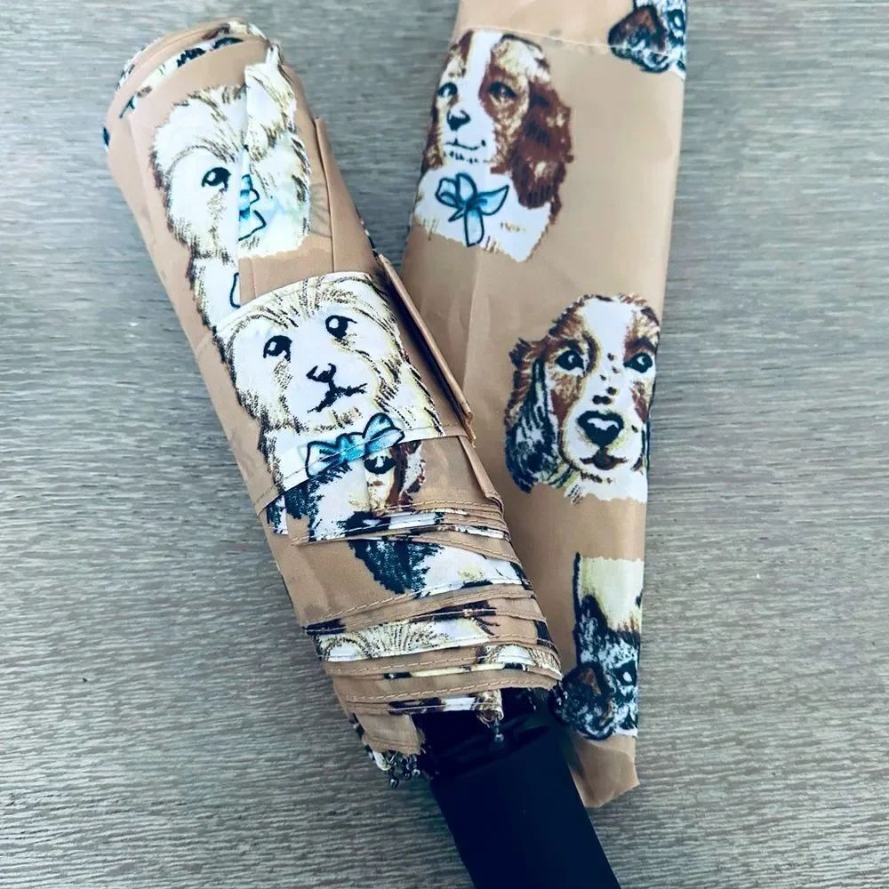 Dog Face Print Tan Compact Travel Umbrella